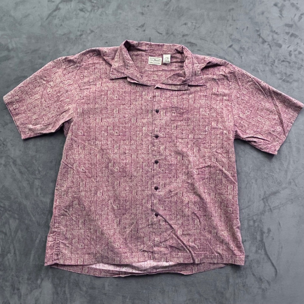 LL Bean Mens Large Regular Purple Block Print Cotton Short Sleeve Button Down